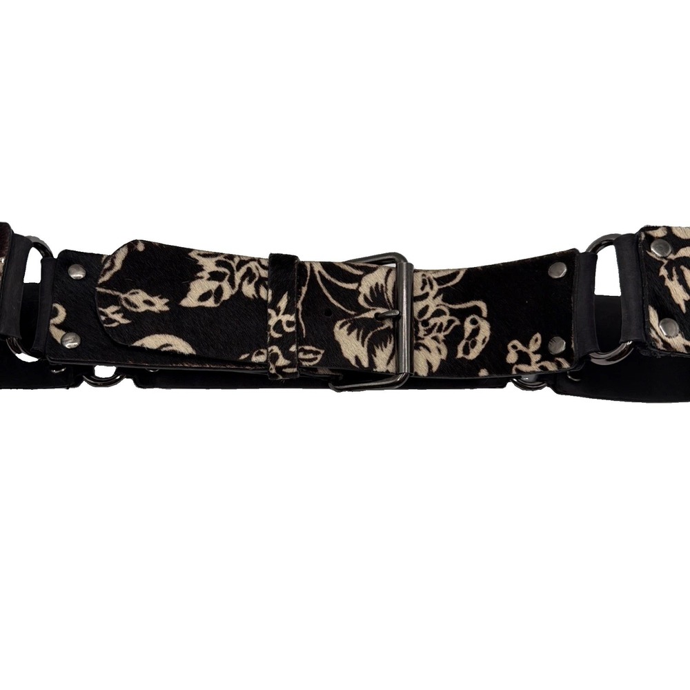 Dark Brown Cream Calf Hair Studded Metal Belt Size Large